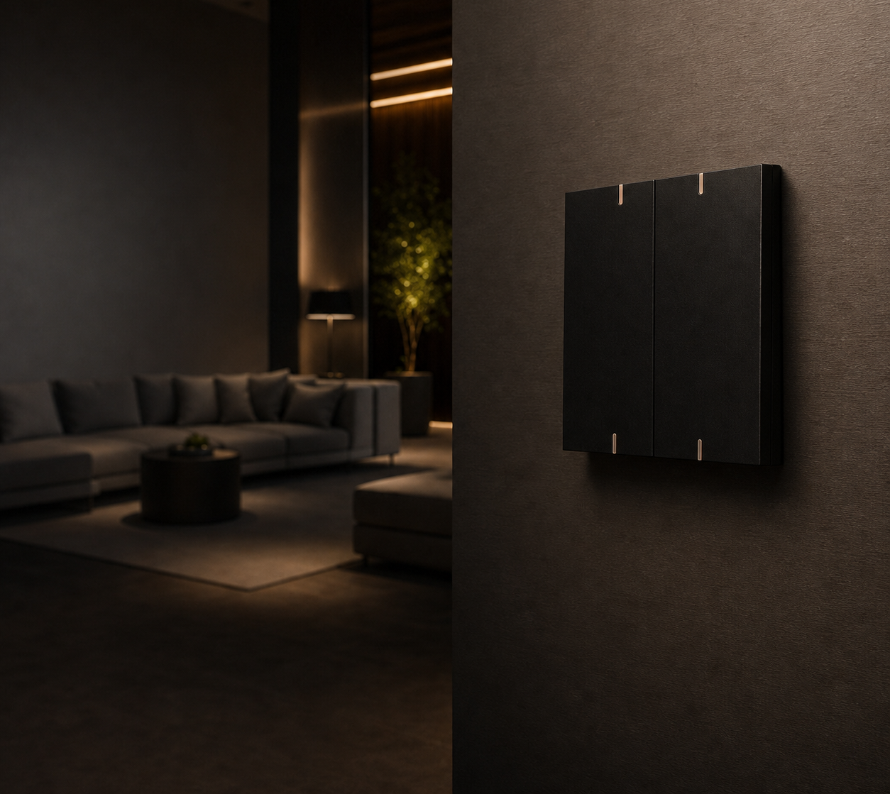 Kalixa smart control panel installed in a refined residential lounge scene