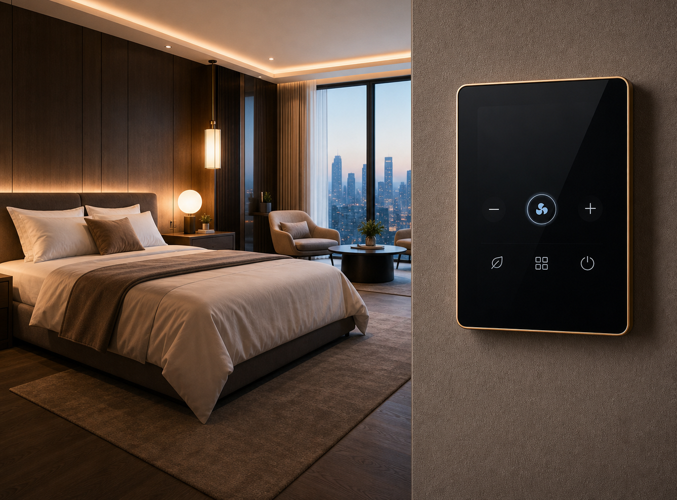 Kalixa bedside smart control panel for hotel guest room lighting and comfort scenes