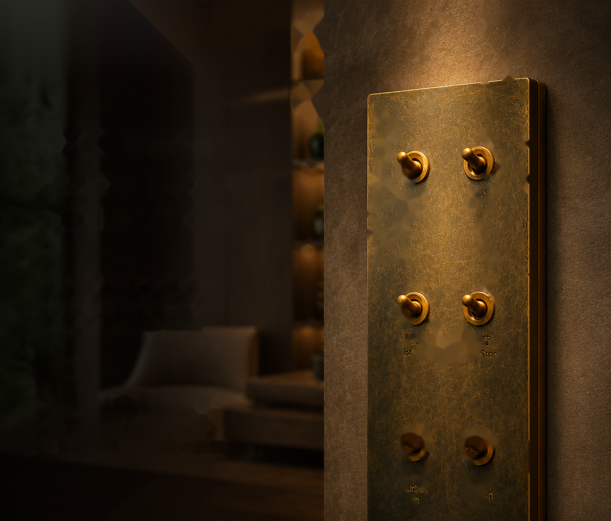 Kalixa metal toggle smart switch in a warm hospitality lighting scene